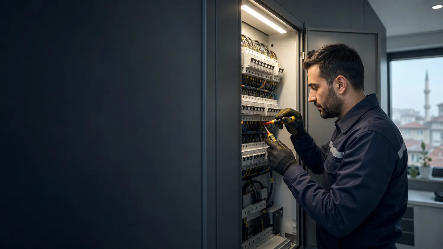 Elektrik panosunu kontrol eden profesyonel elektrikçi